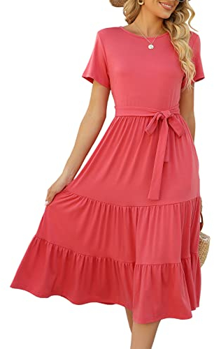Lyrur Damenkleider, lässiges Sommerkleid, gestuftes Midi-Kleid, kurzärmelig, mit Gürtel, Rüschen, Babydoll, Boho-Sommerkleid mit Taschen, Koralle, Mittel