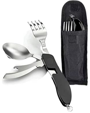 Posata Pieghevole Campeggio Multiuso Picnic Escursioni Viaggi Portatili Acciaio Inossidabile Staccabili 5 in 1 Picnic Coltello Forchetta Cucchiaio Apribottiglie Astuccio (nero)