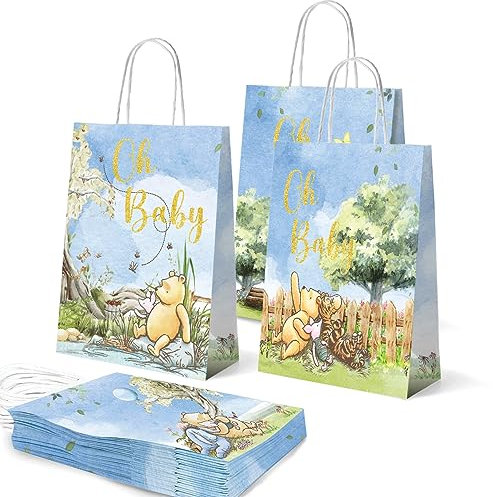 Alohafall 12 bolsas de regalo clásicas de Winnie con asas para suministros de baby shower de Winnie clásico vintage para recién nacido, niña, niño, primer oso Pooh, fiesta de cumpleaños, dulces y