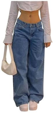 DSXH Gerade Bein Hosen Denim Hosen Vintage Lose Blau Gewaschen Mom Jeans Low Rise Jeans Frauen lose Jeans (Blau, M)