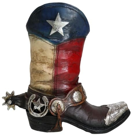 Ebros Gift Patriotic Texas State Flag Lone Star Rustic Western Antiqued Cowboy Boot with Horseshoe Spur Decorative Flower Bouquet Vase Or Planter Resin Figurine American Spirit Home Decor Accent