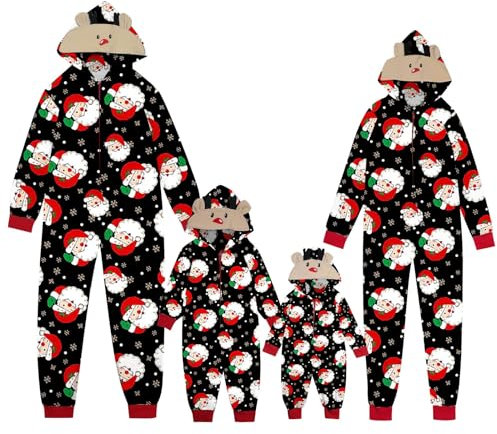 Fannyfuny Pigiama Invernale Caldo Cotone Tuta con Cappuccio Natalizio Pigiami Coordinati Famiglia Pigiama Natale Famiglia Pile Pigiama Tutone Uomo Natale Famiglia per papà Mamma Bambini Bambino