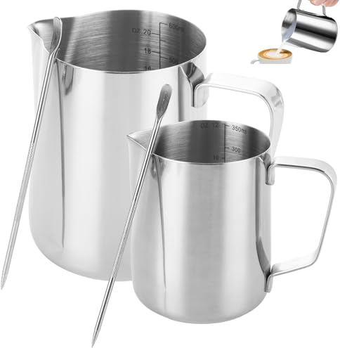 YOUNTHYE 2PCS Milk Jug, 350ml + 600ml Milk Frother Jug Stainless Steel Jug Steaming Pitcher with Decorating Pen, Small Milk Frothing Jug for Cappuccino Latte and Espresso, 12oz/20oz