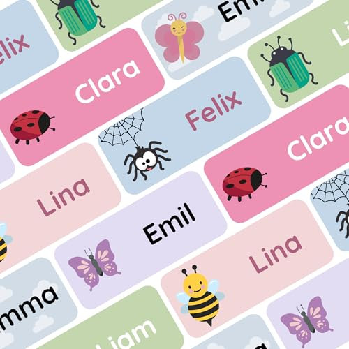 Klebekerlchen® Namensaufkleber für Kinder (60 Stück), Kleidung & Gegenstände Namensschilder personalisiert und waschmaschinenfest, Schule und Kindergarten - Insekten