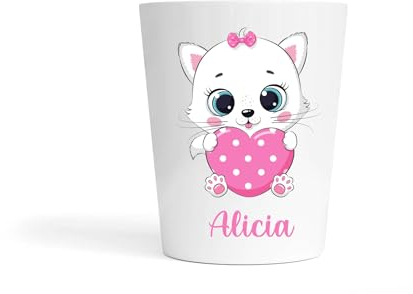 Gobelet Enfant Personnalisé Chat Blanc & Cœur Rose – Gobelet Incassable 230ml Sans BPA – Tasse Prénom École ou Crèche – Rentrée Scolaire Fille