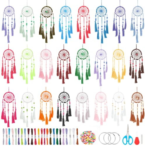 INFUNLY 24 Stück DIY Kleine Traumfänger-Sets Für Anfänger, Buntes Handgefertigtes Traumfänger-Set Für Anfänger, DIY-Mini-Ornament-Herstellungs-Set Für Schlafzimmer, Auto, Spiegel, Schlüsselanhänger, T