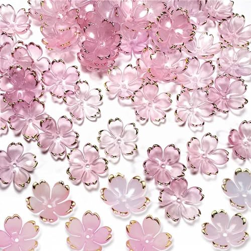 Mezrkuwr 50 Stück Kirschblüten Acryl Blumenperlen, perlen für armbänder, schmuckperlen, Abstandsperlen, Farbverlaufs Blumenperlen, vergoldete Blumen-Perlen-Charms