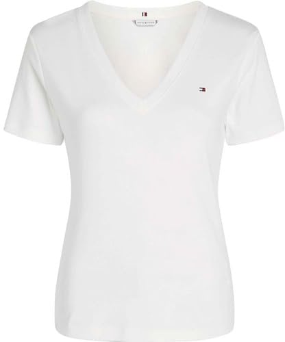 Tommy Hilfiger Camiseta de Manga Corta para Mujer New Slim Cody V-Neck con Cuello de Pico, Blanco (Nos Ecru), L