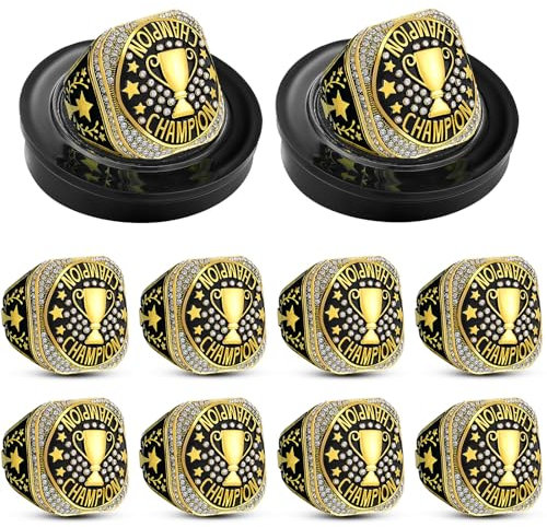 Highergo 10 Stück Meisterschaftsringe mit Display-Hals-Kette und Ständer, Baseball-, Fußball-, Champion-Ringe, MVP, wertvollste Trophäenringe für Turniergewinner, Auszeichnungsgeschenk (Gold,