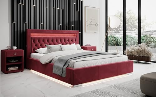 Luxusbetten24 Designer Polsterbett Ida 180x200 inkl. RGB-Beleuchtung, USB-Anschluss und Stauraum | Bezug: Samt | Farbe: Rot