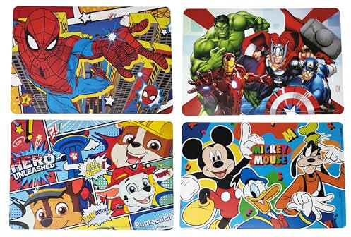 Theonoi Kinder Set Tischset Tischunterlagen Matte Platzdeckchen Essunterlage für Frühstück Mittagessen Schule Kunststoff abwaschbar Mädchen Junge (4 x Set Junge Comic)