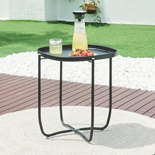 [en.casa] Outdoor Beistelltisch Sandefjord Tabletttisch Balkontisch mit abnehmbarem Tablett Schwarz Gartentisch 53 x 46 x 46 cm rechteckig Indoor Metalltisch