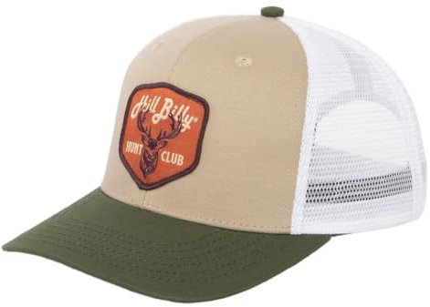 HillBilly Hunt Club Patch Unisex Erwachsene verstellbare Mesh Trucker Snapback Mütze (Hellbraun/Olivgrün/Weiß), Hellbraun/Olivgrün/Weiß, Einheitsgr��e