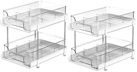2 Pack Under Sink Organizer and Storage, 2 Tier Sliding Multipurpose Storage Unit, White Kitchen Pantry Organization, Pull Out Medicine Cabinet Organizer for Storing Kitchen Spices, Bathroom