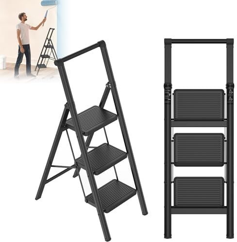 XMTECH Trittleiter 3 Stufen, Handlauf, klappbar, Schwarz, 150 kg, Haushalt | Breite Trittflächen, sicherer Halt beim Aufsteigen, bodenschonende Gummifüße, platzsparend für Haushalt und Büro