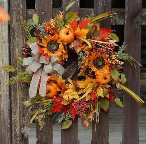 Zomtier 45cm Türkranz Herbst außen für Herbstdeko,Kürbis deko Türkranz mit Künstliche Sonnenblume,Kürbisse,Ahornblatt, Tür Fenster Wandbehang Herbst Dekoration für Erntedankfest Thanksgiving Halloween