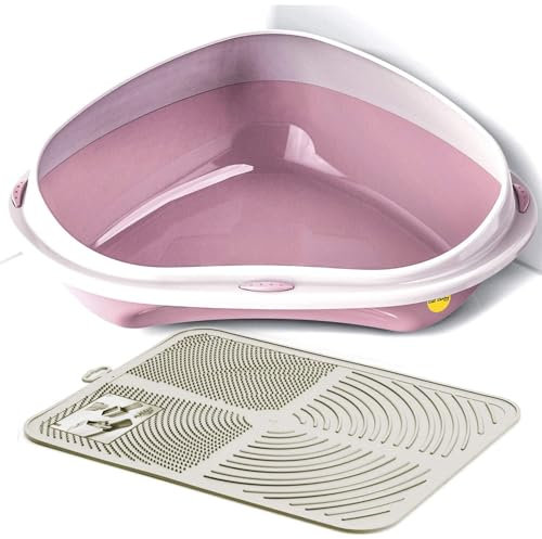 Cat Centre Katzenklo Offen Ecktoilette Für Katzen Eckkatzentoilette Katzentoilette Ohne Deckel Mit Creme Katzenstreu Matte Rosa XL 58 x 48 cm