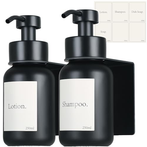 2 Stück Seifenspender Wandbefestigung mit Edelstahl-Pumpspender, Glas Seifenspender mit Wandhalterung selbstklebend, Spülmittelspender 250ml ohne Bohren für Badezimmer, Arbeitsplatte, Küche (Schwarz)