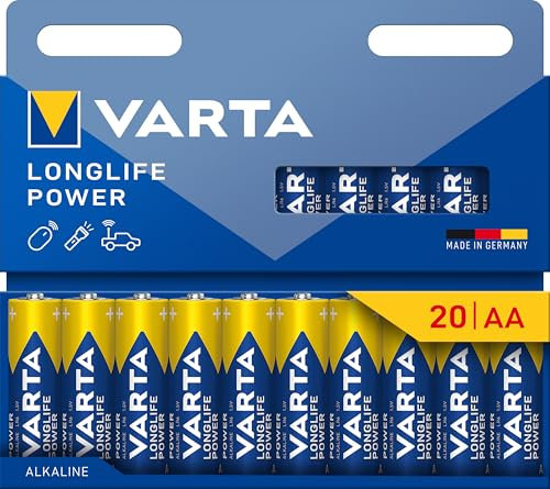 VARTA Pile AA, confezione da 20, Longlife Power, Alcaline, 1,5V, ideale per giocattoli, mouse wireless, torce elettriche, imballaggio riciclato al 90%, Made in Germany