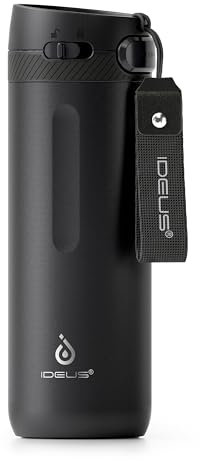 IDEUS Insulated Stainless Steel Water Bottle 17 oz Push Button Lid & Leakproof Travel Mug for Hot/Cold Beverages Fits Most Cup Holder, Black