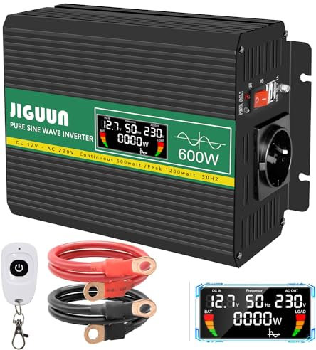 JIGUUN 600W Wechselrichter Reiner Sinus Spannungswandler 12v 230v Inverter Mit EU-Steckdose und 2 USB-Ausgängen 2,1 A,Kabellose Fernbedienung und LCD-Anzeige Spitzenleistung 1200W für LKW Camping