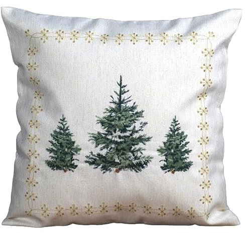 Kissenhülle Kissenbezug Dekokissen Winter Weihnachten 40 x 40 cm Ecru Bestickt mit grünen Tannenbäumen Goldlurex