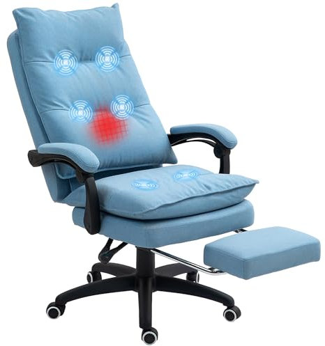 Vinsetto Bürostuhl mit Massagefunktion Ergonomischer Chefsessel mit Liegefunktion, Fußstütze Höhenverstellbar 360° Drehbar Computerstuhl, Leinenoptik, Blau