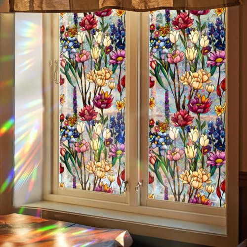 GORGECRAFT 100x43cm Wildflower Rainbow Window Privacy Film for Glass Door Stained Window Glass Decorative Heat Control Window Decals 3D Static Sun Blocking Cling Non-Adhesive Window Cover