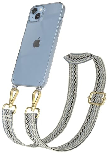 EAZY CASE Handykette - Verstellbares Taschenband kompatibel mit iPhone 14 Plus, Schulterriemen, Handykordel mit Silikon Hülle, Umhängetasche, Beige Blau Gold