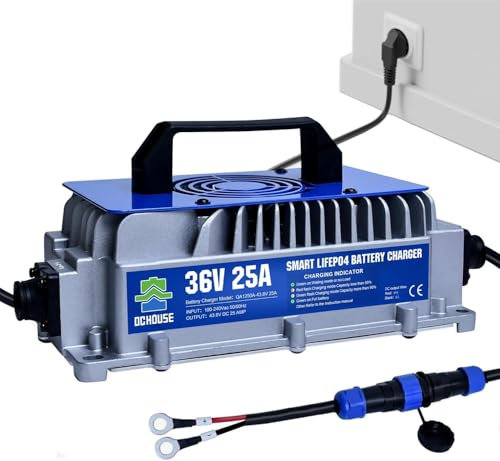 DCHOUSE 36V 25A LiFePO4 Chargeur Li-ION Automatique Intelligent, Chargeur Rapide 900 W, efficacité de Charge ≥ 93%, Compatible avec voiturette de Golf 36 V, Moteur électrique, Chariot élévateur