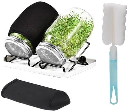 Yuedefly Keimglas-Set, 2 große Gläser mit breiter Öffnung und Edelstahl-Keimdeckel, 2 Verdunkelungshüllen, Ablaufschale, 2 Edelstahl-Ständer für Brokkoli, Alfalfa