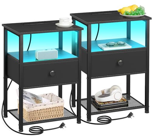 AMHANCIBLE Bedside Table Set of 2 with Charging Station, Small Side Table with LED Lights, Nightstand with Fabric Drawer and Open Storage Shelf, Bedside Cabinets for Living Room, Bedroom HETS01BK