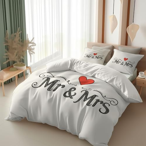 Srigzcaly Bettwäsche-Set 200 x 220 cm 3-teilig Minimalistische Linien Buchstaben Mr & Mrs Bettbezug Beige Deckenbezug mit Reißverschluss Weiche Atmungsaktiv Wendebettwäsche für Kinder Teenager