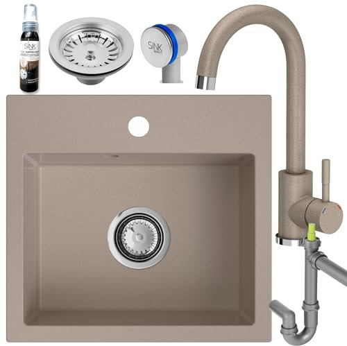 SINK Quality Beige Spüle mit Armatur Set 45 × 42 cm - Spülbecken mit Wasserhahn, Siphon und Imprägnierung - Einbauspüle Komplettset aus Granit - Spüle für Unterschrank ab 45cm