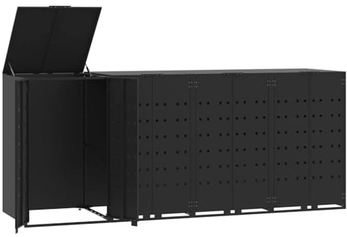 Cache Poubelle Extérieur Quadruple, Abri Rangement de Poubelle pour 4 bacs Noir Acier