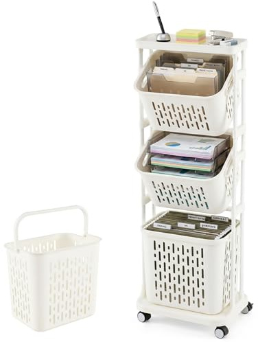COSTWAY Wäschekorb Ständer, 72L Wäschesammler schmal 30cm breit, großer Korb mit Griff & 2 kleine Körbe mit kippbarem Design, Wäschesortierer Plastik, Rollwagen 3 Fächer, Metallrahmen, beige