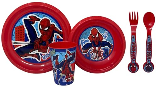Set stoviglie in plastica riutilizzabile 5 pezzi piatti bicchiere posate per bambini set pranzo (Spiderman)