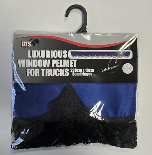 DTS Luxuriöser LKW Scheibenbordüre, Blau Samt (230cm x 18cm) mit schwarzen Fransen (8cm), Klettverschluss, Gardine für Truck Innenausstattung.