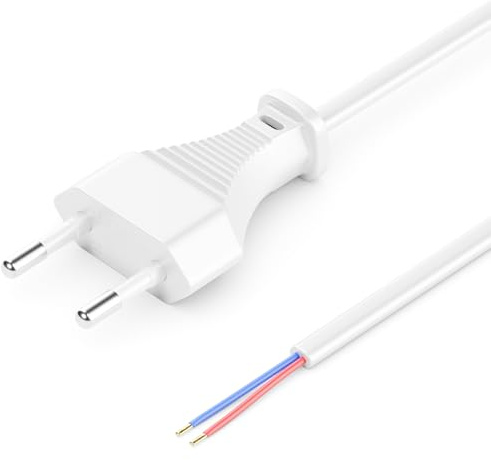 deleyCON 2m Euro-Netzkabel offenes Kabelende Typ C - Weiß | Stromkabel, Ersatzkabel, Anschlusskabel, Zuleitung mit flachem Euro Stecker, für Leuchten, Lampen und Leuchtmittel