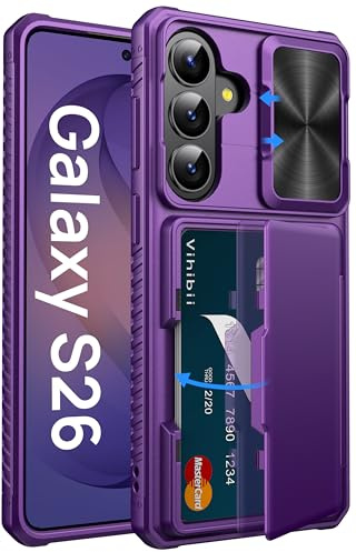Vihibii for Samsung Galaxy S26 Case Wallet, Card Holder, Dark Purple | Slide Camera Lens Protective Cover, Heavy Duty, Rugged, Men Women Silicone Phone Case for Samsung S26 6.3 5G