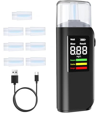PTDHE Breathalysers, Professional Breathalyser Alcohol Tester with LED Display & Type-C Rechargeable, Accurate, Portable, Breathalyzer Includes 8 Mouthpieces for Family, Car and Personal Use