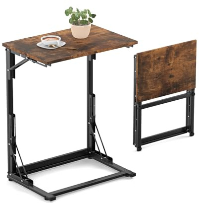 elzle C-Form Beistelltisch Klappbar, Sofatisch mit Stabilem Stahlrahmen | Einfache Montage, Klappbar Tragbar, Geeignet für Kaffee und Laptop, Industrie-Design, Vintagebraun-Schwarz