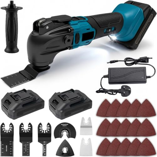 Cordless Oscillating Multitool — Vibrating Multifunctional Tool with Brushless Motor, 6 Variable Speed, Oscillating Multi Tool with 2x2000mAh Battery & 23 Accessories for Cutting, Sanding, Scraping