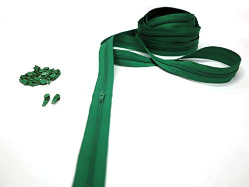 Cerniere Lampo al Metro in Nylon, Catena Continua, 20 Colori a Scelta, Zip in Metallo, 7 Lunghezze, 4 mm 100% Poliestere, Made in Italy (Green Grass, 5 m + 13 Cursori)
