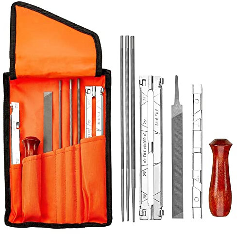 Chainsaw Sharpener File Kit - Includes 5/32, 3/16, and 7/32 Round Files, 6 Inch Flat File, Wood Handle, Depth Gauge, Filing Guide, and Tool Pouch - for Sharpening Chain Saw Blades, 8 Piece