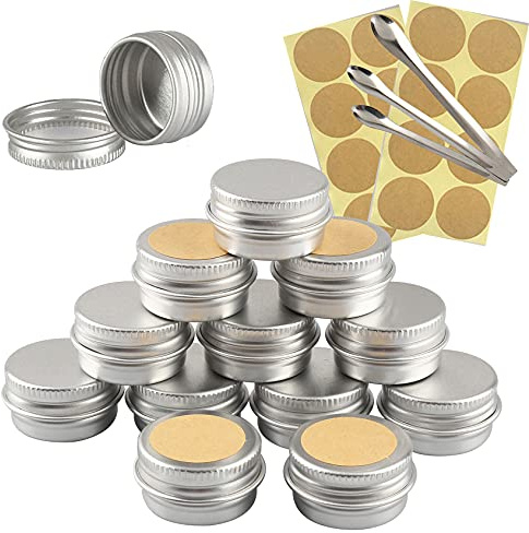 TIANZD 50 Stück Leere 5 ml Rund Silber Aluminium Tins Schraubdose Cremedose Alu-Tiegel Dosen mit Schraub-Deckel 5ml Aludose Blechdosen für Kosmetik Kerze Salben 3x Löffel, 50x Etikette