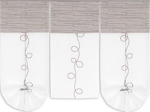 Experience by Omega 3er Set Miniflächen 4er Set Scheibengardine Küchengardine Tunnelzug Bistrogardine Größe 3 x 30 x 80/60/80 cm, Farbe 2231 - Weiß/Braun
