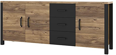 Lomadox Wohnzimmer Sideboard in Appenzeller Fichte Nb. mit schwarz super matt, B/H/T ca. 192/79/43 cm