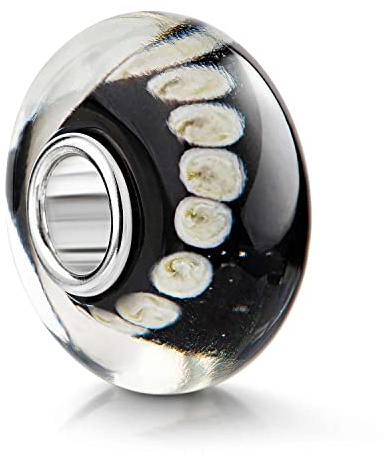 MATERIA by Matthias Wagner Glas Bead schwarz weiß mit Punkten und Silber Hülse für Armband 1250