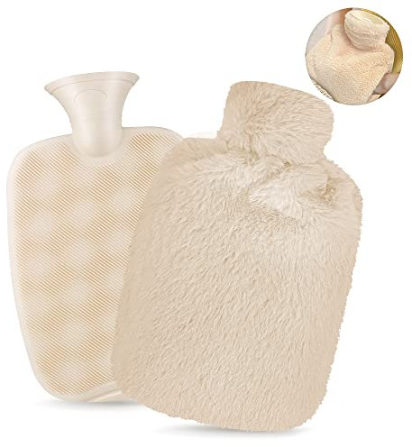 Hot Water Bottle with Cover UK, Luxury Cosy Faux Fur Cover - 2L Large Leakproof Hot Water Bottles, Hot Water Bag for Neck, Shoulder, Hand Feet Warmer, Pain Relief, Great Gift Idea for Women,Men